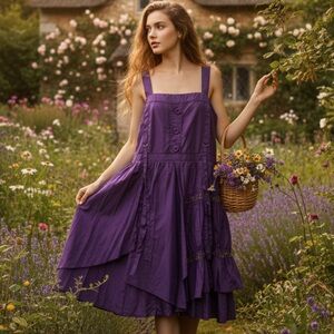 Pretty Angel XL Silk Dress Purple Overlay Smocked Fairy Whimsical Lagenlook